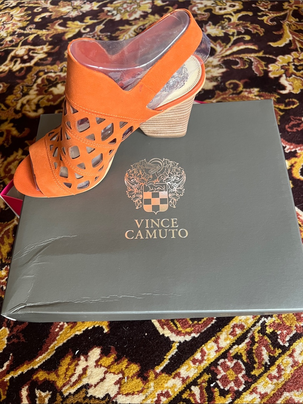 Vince Camuto Orange Laser-Cut Peep-Toe Block Heels